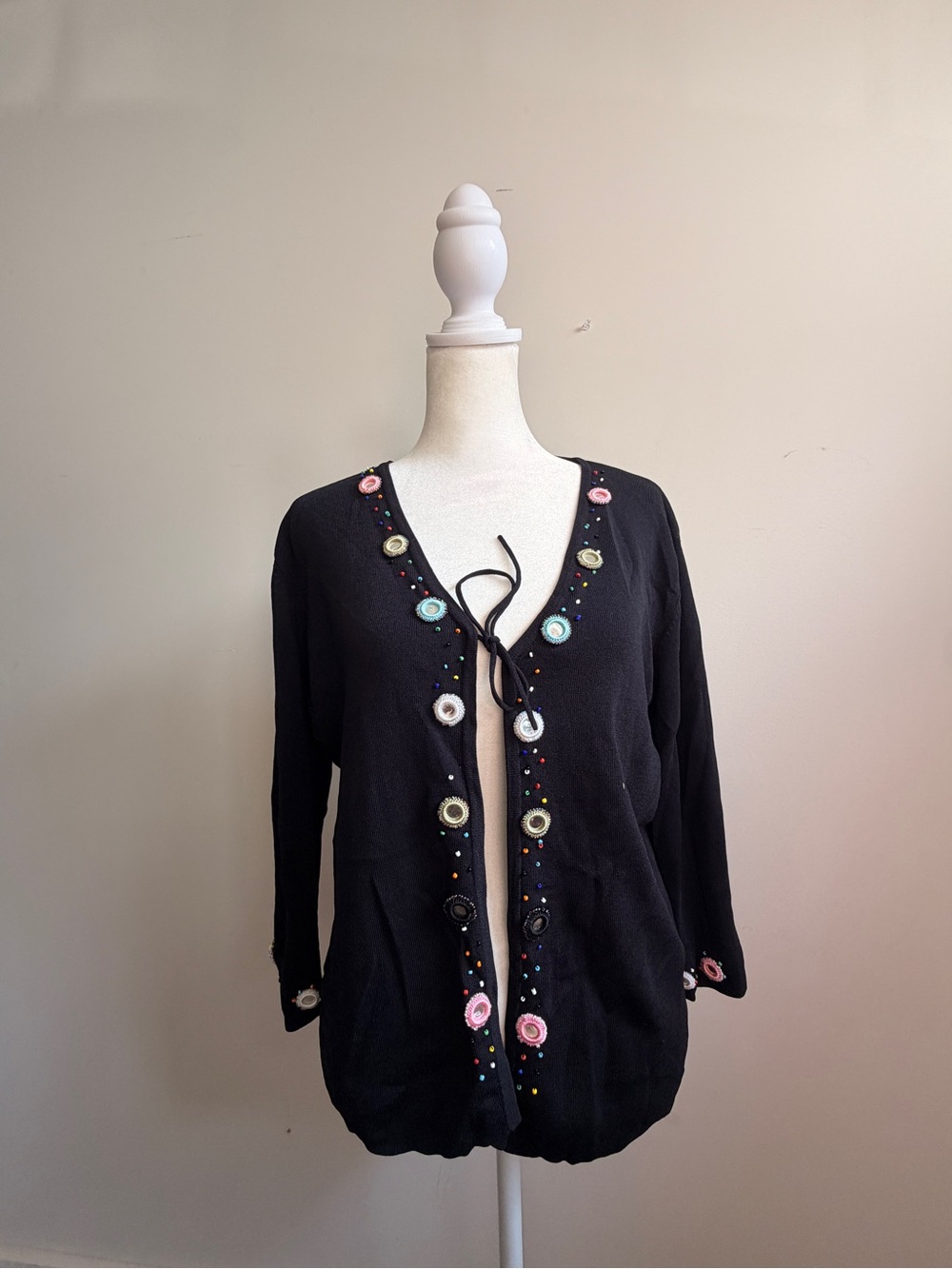 Vintage Joseph A. Black Embroidered Tie-Front Cardigan with Multicolor Appliqués